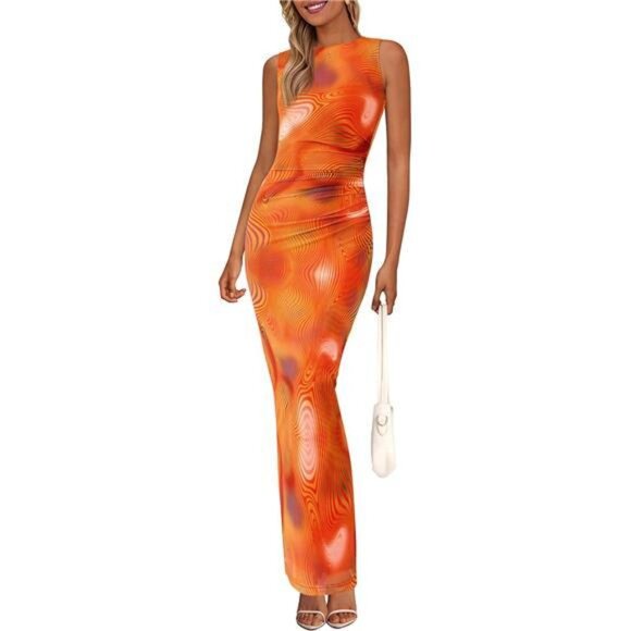 Women Floral Bodycon Sleeveless Mesh Maxi Dress Orange3 - Picture 1 of 5